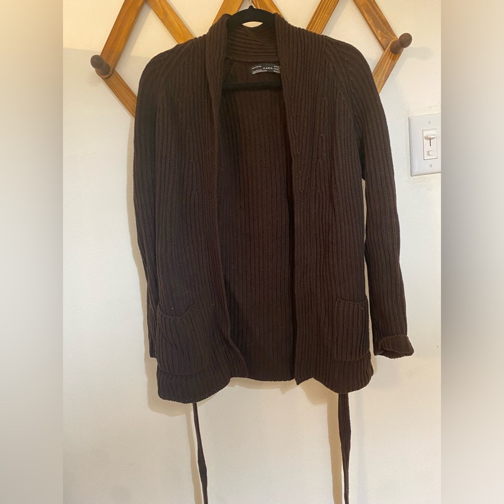 Zara Belted Cardigan Women Large Brown cotton Knit